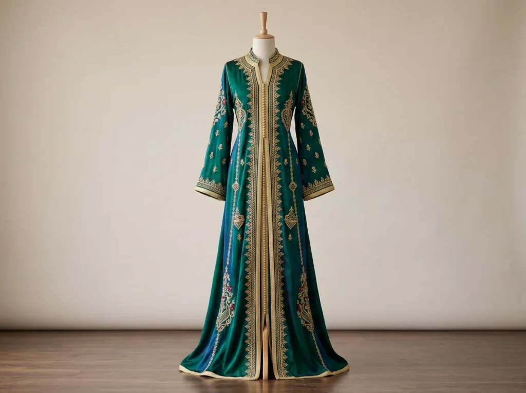 Caftan marocain moderne avec broderie dorée et trim sfifa