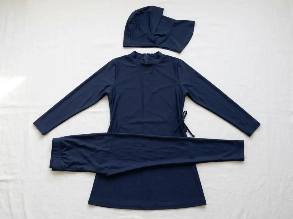 Maillot de bain modeste (burkini) à plat, tissu séchage rapide